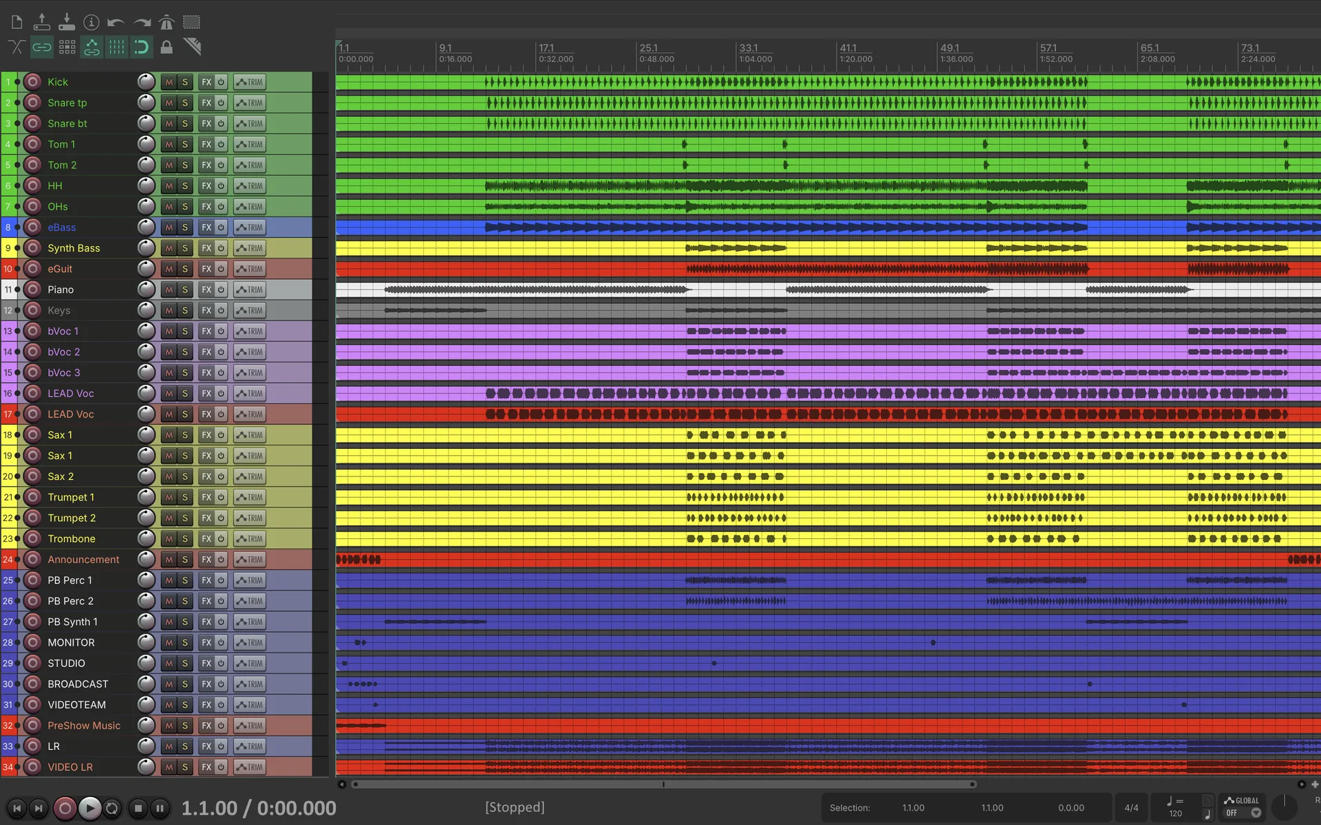 The recording opened in REAPER, with the same track names and colors as on the WING